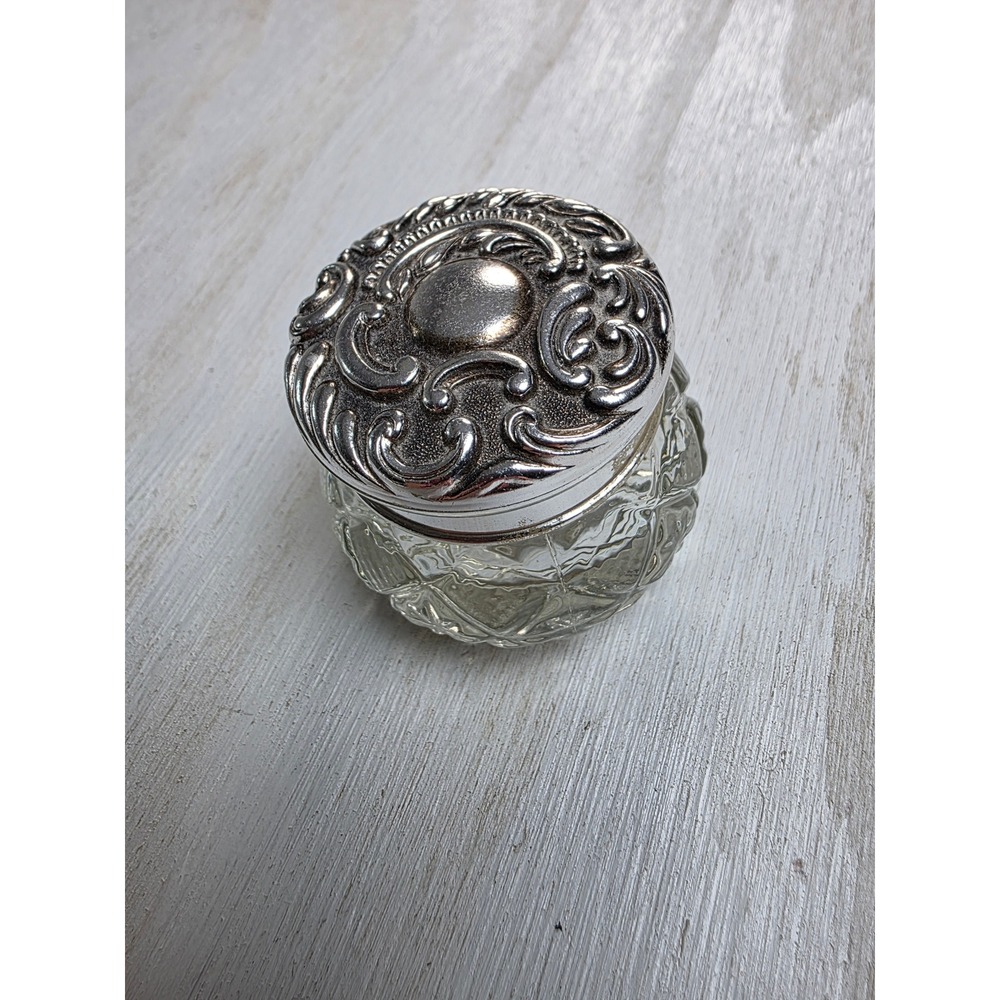 Vintage Avon Glass Vanity Jar Silver Ornate Lid Diamond Cut Quilted Boho Decor